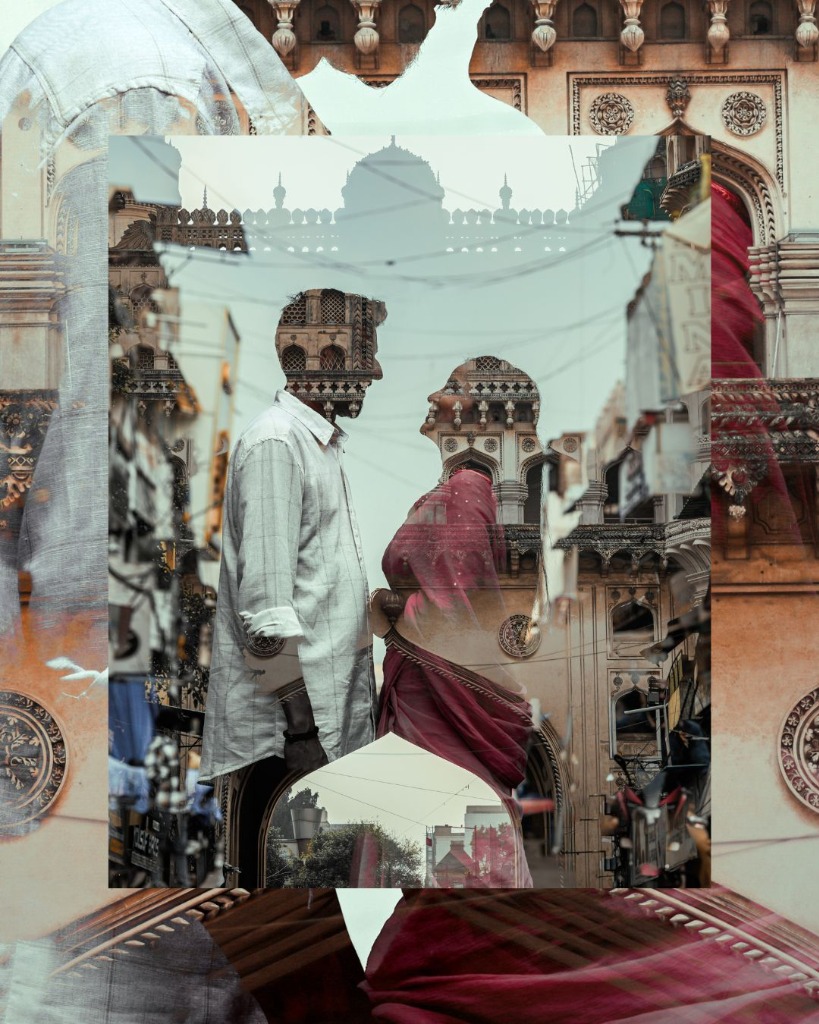 Double exposure wedding couple portrait with Charminar, Hyderabad